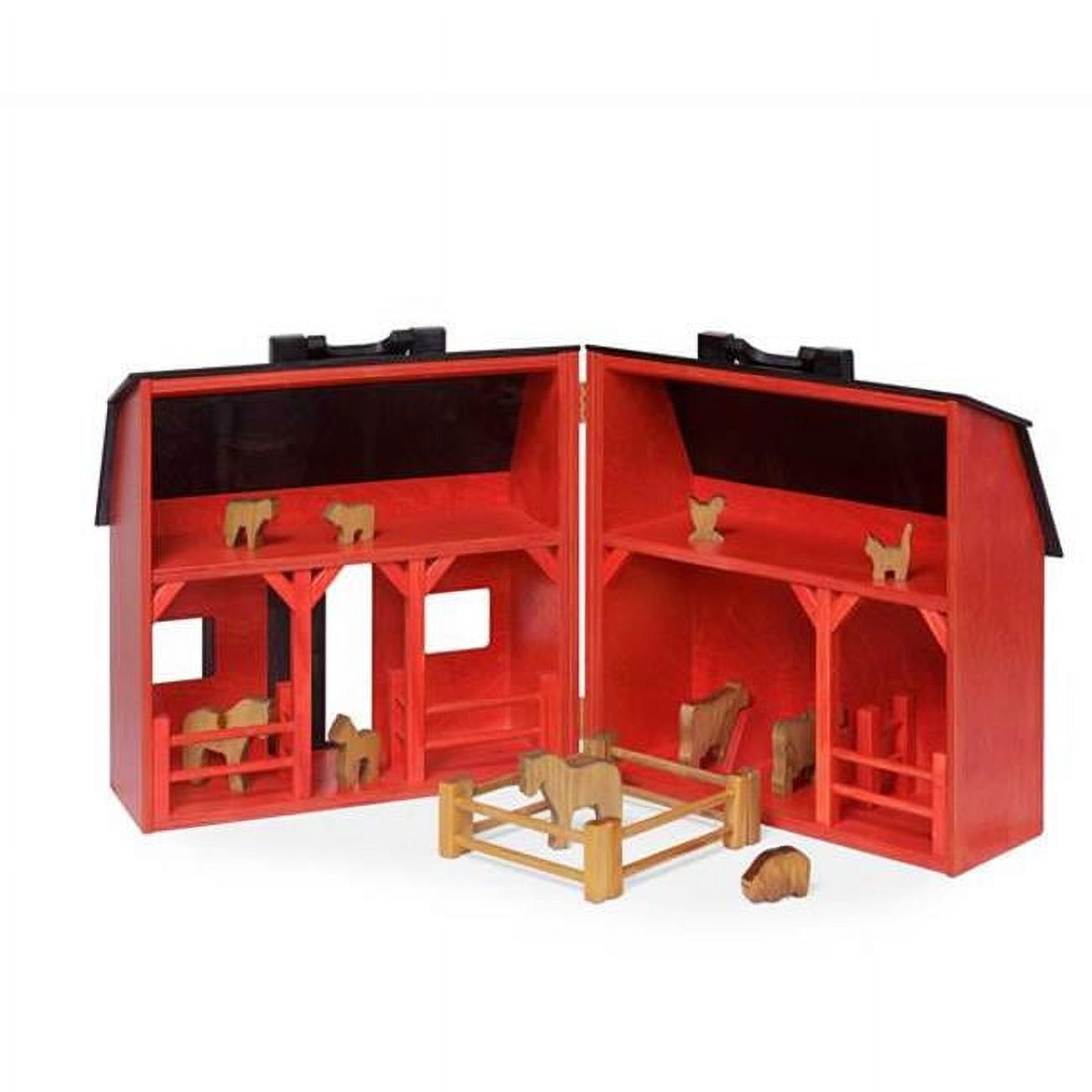 142 RB-Set Wooden Toy Hay Bales Folding Barn with Animals, Red & Black